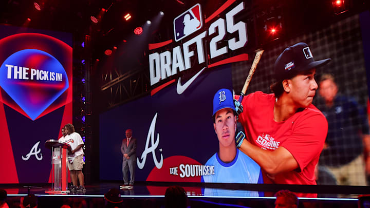 Jul 13, 2025; Atlanta, GA, USA; Tate Southisene is drafted by the Atlanta Braves with the 22nd pick during the first round of the MLB Draft at The Coca-Cola Roxy. Mandatory Credit: Brett Davis-Imagn Images