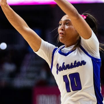 Johnston's Jenica Lewis (10) shoots a three during the Class 5A final against Dowling Catholic on Friday, March 7, 2025, at Wells Fargo Arena.