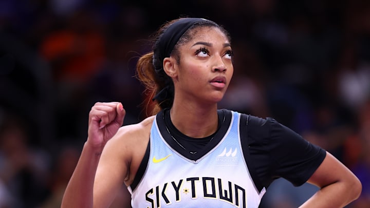 Aug 28, 2025; Phoenix, Arizona, USA; Chicago Sky forward Angel Reese (5) reacts against the Phoenix Mercury at Phx Arena. Mandatory Credit: Mark J. Rebilas-Imagn Images