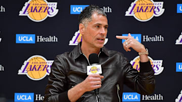 Feb 4, 2025; El Segundo, CA, USA; Los Angeles Lakers vice president of basketball operations and general manager Rob Pelinka introduced guard Luka Doncic at UCLA Health Training Center. Mandatory Credit: Gary A. Vasquez-Imagn Images