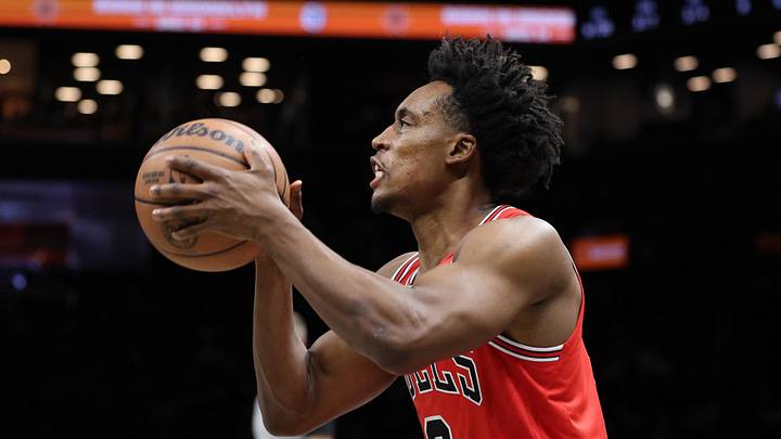 Feb 9, 2026; Brooklyn, New York, USA; Chicago Bulls guard Collin Sexton (2) shoots the ball against the Brooklyn Nets during the first half at Barclays Center. Mandatory Credit: Vincent Carchietta-Imagn Images
