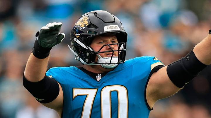 Jacksonville Jaguars offensive tackle Cole van Lanen (70) reacts to a stop during the fourth quarter of an NFL football matchup at EverBank Stadium, Sunday, Jan. 4, 2026, in Jacksonville, Fla. The Jaguars defeated the Titans 41-7, capturing the AFC South title. [Corey Perrine/Florida Times-Union]