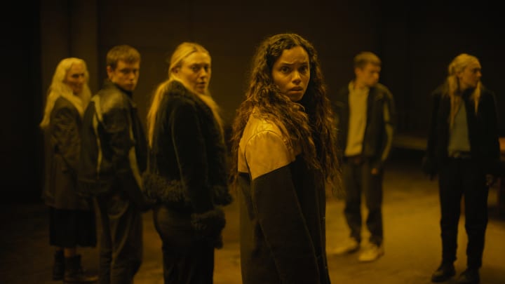 (L-r) OLWEN FOUÉRÉ as Madeline, OLIVER FINNEGAN as Daniel, DAKOTA FANNING as Mina and GEORGINA CAMPBELL as Ciara in New Line Cinema’s and Warner Bros. Pictures’ fantasy thriller “THE WATCHERS,” a Warner Bros. Pictures release. - credit: Courtesy Warner Bros. Pictures