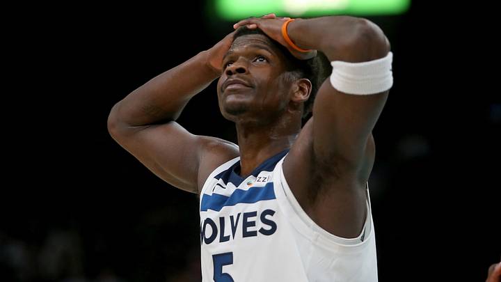 Jan 31, 2026; Memphis, Tennessee, USA; Minnesota Timberwolves guard Anthony Edwards (5) reacts during the third quarter against the Memphis Grizzlies at FedExForum. Mandatory Credit: Petre Thomas-Imagn Images