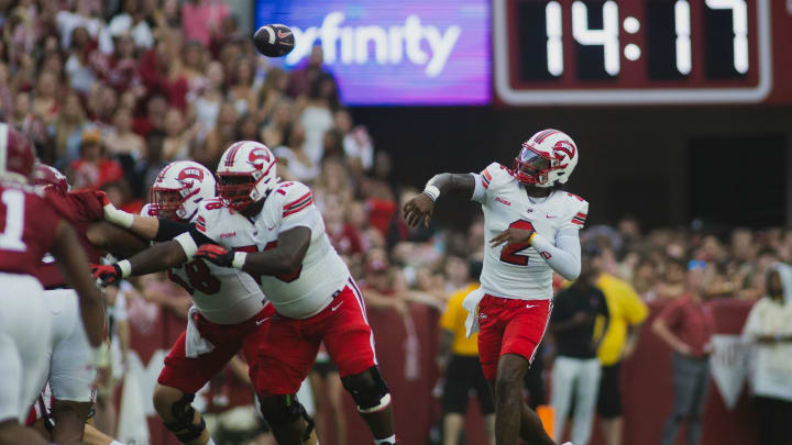 Aug 31, 2024; Tuscaloosa, Alabama, USA;  Western Kentucky Hilltoppers quarterback TJ Finley (2) throws a pass against the Alabama Crimson Tide during the first quarter at Bryant-Denny Stadium. Mandatory Credit: Will McLelland-USA TODAY Sports