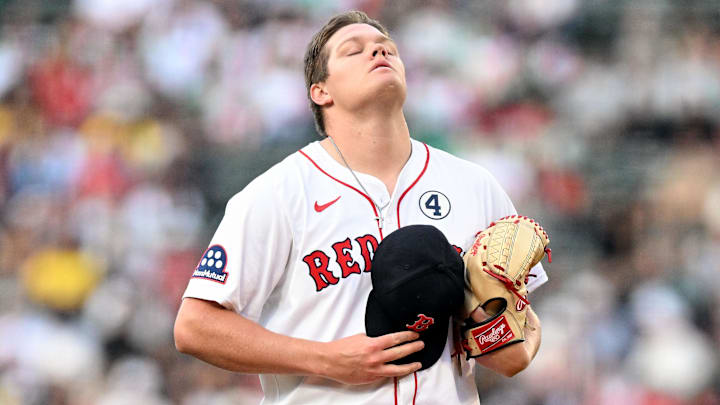 Jun 2, 2025; Boston, Massachusetts, USA; Boston Red Sox pitcher Richard Fitts (80) prepares to pitch against the Los Angeles Angels during the first inning at Fenway Park. Mandatory Credit: Brian Fluharty-Imagn Images Jun 2, 2025; Boston, Massachusetts, USA; Boston Red Sox pitcher Richard Fitts (80) prepares to pitch against the Los Angeles Angels during the first inning at Fenway Park. Mandatory Credit: Brian Fluharty-Imagn Images