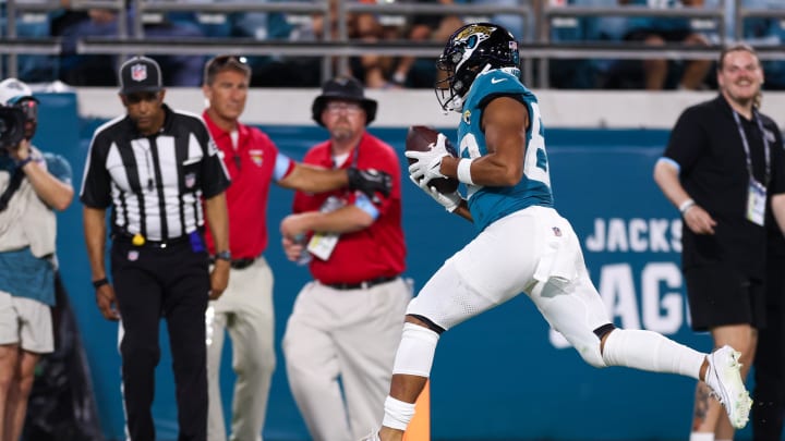 Aug 17, 2024; Jacksonville, Florida, USA; Jacksonville Jaguars wide receiver Brevin Easton (80) catches a pass for a touchdown against the Tampa Bay Buccaneers in the fourth quarter during a preseason game at EverBank Stadium. Mandatory Credit: Nathan Ray Seebeck-USA TODAY Sports