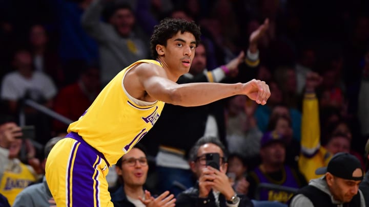 Mar 6, 2024; Los Angeles, California, USA; Los Angeles Lakers guard Max Christie (10) reacts after scoring three point basket against the Sacramento Kings during the second half at Crypto.com Arena. Mandatory Credit: Gary A. Vasquez-USA TODAY Sports