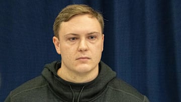 Mar 2, 2024; Indianapolis, IN, USA; Missouri place kicker Harrison Mevis (PK03) talks to the media during the 2024 NFL Combine at Lucas Oil Stadium. Mandatory Credit: Trevor Ruszkowski-Imagn Images