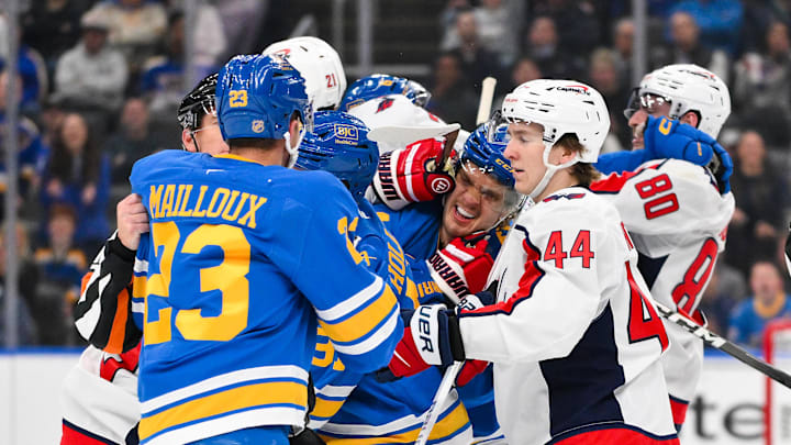 Mar 24, 2026; St. Louis, Missouri, USA; St. Louis Blues center Robert Thomas (18) gets in a scrum with Washington Capitals defenseman Cole Hutson (44) during the second period at Enterprise Center. Mandatory Credit: Jeff Curry-Imagn Images
