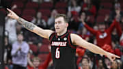 Nov 22, 2024; Louisville, Kentucky, USA; Louisville Cardinals guard Reyne Smith (6) reacts during the second half against the Winthrop Eagles at KFC Yum! Center. Louisville defeated Winthrop 76-61. Mandatory Credit: Jamie Rhodes-Imagn Images