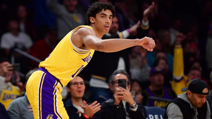 Mar 6, 2024; Los Angeles, California, USA; Los Angeles Lakers guard Max Christie (10) reacts after scoring three point basket against the Sacramento Kings during the second half at Crypto.com Arena. Mandatory Credit: Gary A. Vasquez-USA TODAY Sports