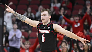 Nov 22, 2024; Louisville, Kentucky, USA; Louisville Cardinals guard Reyne Smith (6) reacts during the second half against the Winthrop Eagles at KFC Yum! Center. Louisville defeated Winthrop 76-61. Mandatory Credit: Jamie Rhodes-Imagn Images