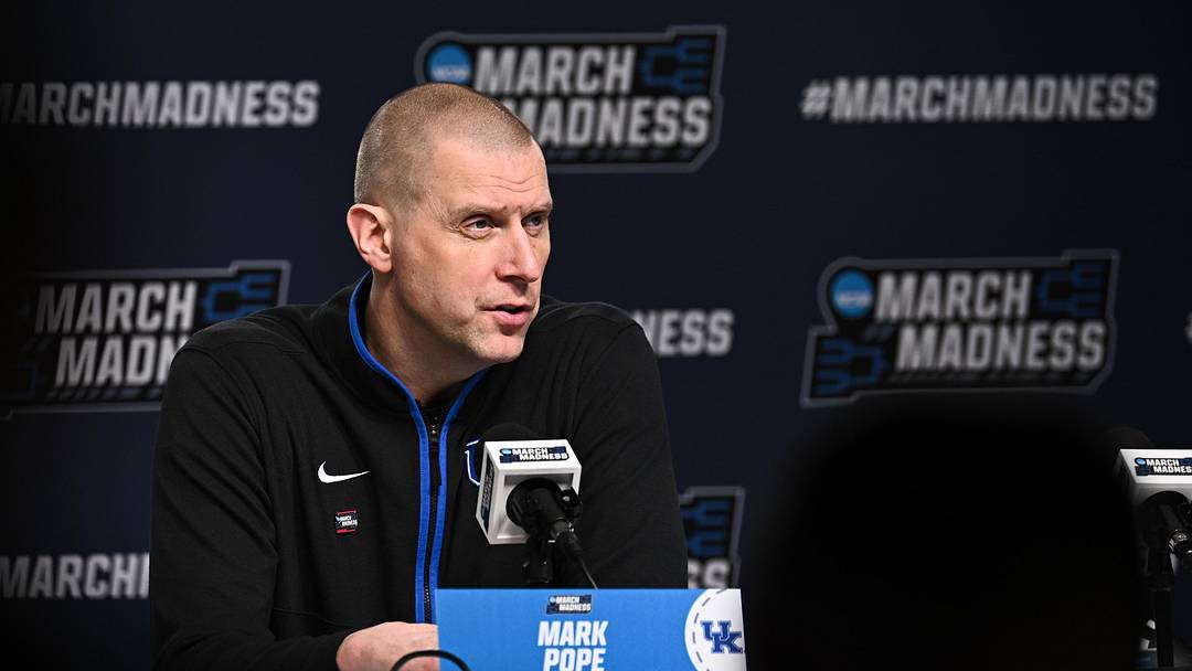 Mar 22, 2026; St. Louis, MO, USA; Kentucky Wildcats head coach Mark Pope speaks during the postgame press conference after the game against the Iowa State Cyclones during a second round game of the men's 2026 NCAA Tournament at Enterprise Center. Mandatory Credit: Jeff Le-Imagn Images