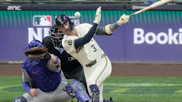 Milwaukee Brewers shortstop Joey Ortiz (3) hits a single during the sixth inning of their National League Division Series game against the Chicago Cubs Monday, October 6, 2025 at American Family Field in Milwaukee, Wisconsin.