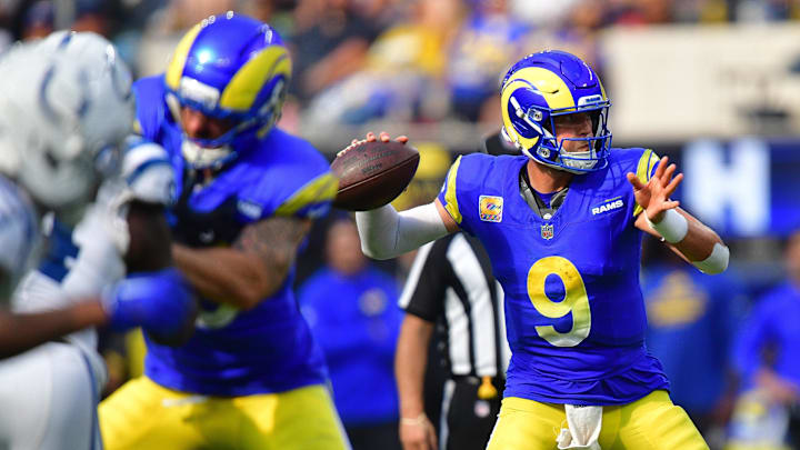 Sep 28, 2025; Inglewood, California, USA; Los Angeles Rams quarterback Matthew Stafford (9) throws against the Indianapolis Colts during the second half at SoFi Stadium. Mandatory Credit: Gary A. Vasquez-Imagn Images Sep 28, 2025; Inglewood, California, USA; Los Angeles Rams quarterback Matthew Stafford (9) throws against the Indianapolis Colts during the second half at SoFi Stadium. Mandatory Credit: Gary A. Vasquez-Imagn Images