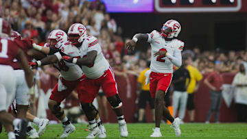 Aug 31, 2024; Tuscaloosa, Alabama, USA;  Western Kentucky Hilltoppers quarterback TJ Finley (2) throws a pass against the Alabama Crimson Tide during the first quarter at Bryant-Denny Stadium. Mandatory Credit: Will McLelland-Imagn Images