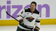 Jan 26, 2025; Chicago, Illinois, USA; Minnesota Wild right wing Ryan Hartman (38) warms up before a game against the  Chicago Blackhawks at United Center. Mandatory Credit: David Banks-Imagn Images