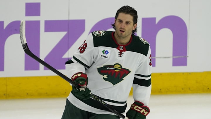 Jan 26, 2025; Chicago, Illinois, USA; Minnesota Wild right wing Ryan Hartman (38) warms up before a game against the  Chicago Blackhawks at United Center. Mandatory Credit: David Banks-Imagn Images