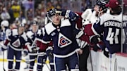 Dec 31, 2024; Denver, Colorado, USA; Colorado Avalanche center Casey Mittelstadt (37) celebrates his goal in the third period against the Winnipeg Jets at Ball Arena. Mandatory Credit: Ron Chenoy-Imagn Images
