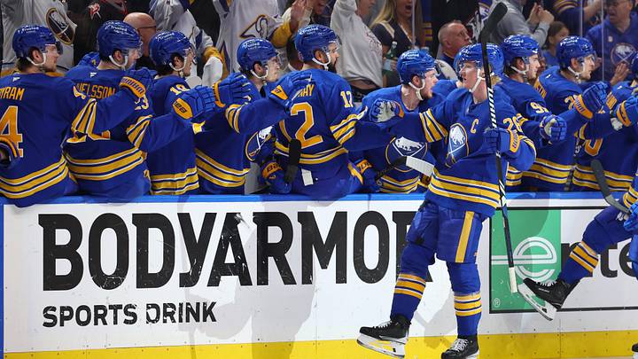 Apr 28, 2026; Buffalo, New York, USA; Buffalo Sabres defenseman Rasmus Dahlin (26) celebrates his goal with teammates during the first period against the Boston Bruins in game five of the first round of the 2026 Stanley Cup Playoffs at KeyBank Center. Mandatory Credit: Timothy T. Ludwig-Imagn Images