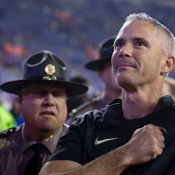 Florida State Seminoles head coach Mike Norvell gestures towards the crowd after the game against the Florida Gators at Steve Spurrier Field at Ben Hill Griffin Stadium in Gainesville, FL on Saturday, November 25, 2023. [Matt Pendleton/Gainesville Sun]