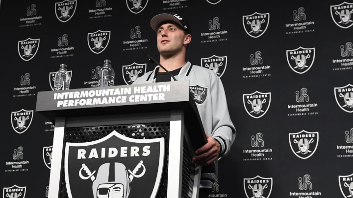 Apr 26, 2024; Henderson, NV, USA; Las Vegas Raiders tight end Brock Bowers speaks to the media at