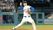 Oct 28, 2025; Los Angeles, California, USA; Los Angeles Dodgers starting pitcher Shohei Ohtani (17) throws against the Toronto Blue Jays