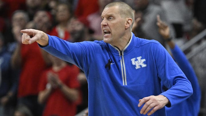 Nov 11, 2025; Louisville, Kentucky, USA;  Kentucky Wildcats head coach Mark Pope calls out instructions during the second half against the Louisville Cardinals at KFC Yum! Center. Louisville defeated Kentucky 96-88. Mandatory Credit: Jamie Rhodes-Imagn Images