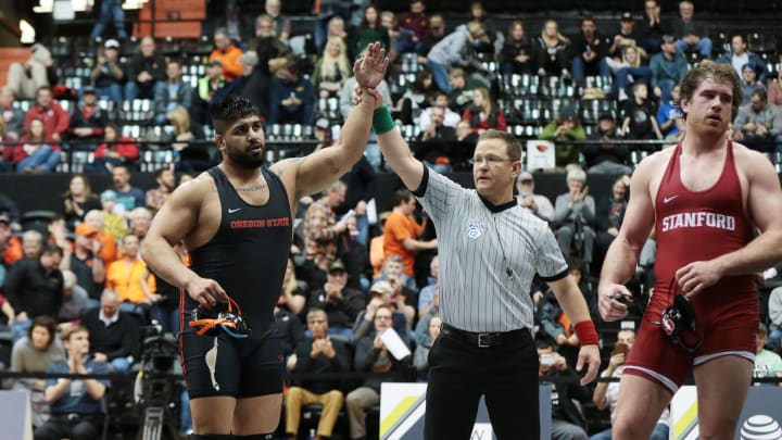 Feb 25, 2018; Corvallis, OR, USA; Oregon State University wrestler Amar Dhesi competes against Stanford wrestler Nathan Butler in the Pac-12 Wrestling Championship at Gill Coliseum. Mandatory Credit: Scott Olmos-USA TODAY Sports