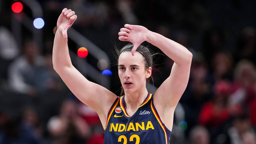 Indiana Fever guard Caitlin Clark (22) gestures down the court Saturday, May 2, 2026, during the first half of a preseason game at Gainbridge Fieldhouse in Indianapolis.