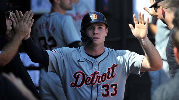 Aug 25, 2024; Chicago, Illinois, USA; Detroit Tigers second base Colt Keith (33) celebrates after scoring during the fifth inning against the Chicago White Sox at Guaranteed Rate Field. 