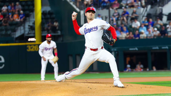 Aug 6, 2024; Arlington, Texas, USA; Texas Rangers starting pitcher Tyler Mahle (51) throws during the first inning against the Houston Astros at Globe Life Field. Mandatory Credit: Kevin Jairaj-USA TODAY Sports