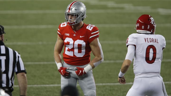 Nov 7, 2020; Columbus, Ohio, USA; Ohio State Buckeyes linebacker Pete Werner (20) reacts during the first half against the Rutgers Scarlet Knights at Ohio Stadium. Mandatory Credit: Joseph Maiorana-USA TODAY Sports