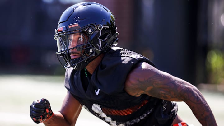 Oregon State wide receiver Darrius Clemons (1) runs a drill during a practice on Wednesday, July 31, 2024 in Corvallis, Ore.