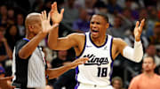 Oct 22, 2025; Phoenix, Arizona, USA; Sacramento Kings guard Russell Westbrook (18) reacts to a call during the second half against the Phoenix Suns at the Mortgage Matchup Center. Mandatory Credit: Mark J. Rebilas-Imagn Images