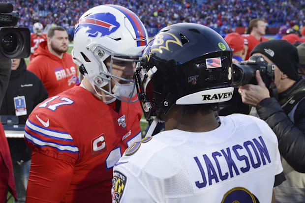 Buffalo Bills QB Josh Allen meets Baltimore Ravens QB Lamar Jackson at midfield after a game at New Era Field. Buffalo Bills QB Josh Allen meets Baltimore Ravens QB Lamar Jackson at midfield after a game at New Era Field.