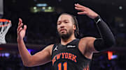 Nov 28, 2025; New York, New York, USA; New York Knicks guard Jalen Brunson (11) reacts during the second half against the Milwaukee Bucks at Madison Square Garden. Mandatory Credit: Vincent Carchietta-Imagn Images