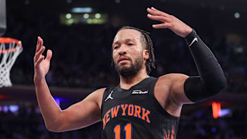 Nov 28, 2025; New York, New York, USA; New York Knicks guard Jalen Brunson (11) reacts during the second half against the Milwaukee Bucks at Madison Square Garden. Mandatory Credit: Vincent Carchietta-Imagn Images