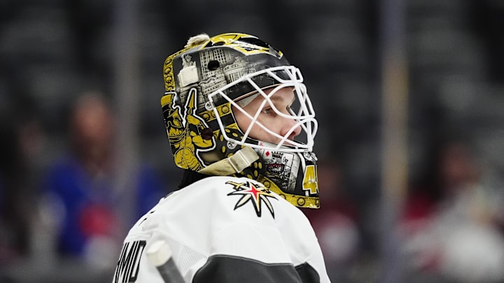 Apr 8, 2025; Denver, Colorado, USA; Vegas Golden Knights goaltender Akira Schmid (40) before the game against the Colorado Avalanche at Ball Arena. Mandatory Credit: Ron Chenoy-Imagn Images