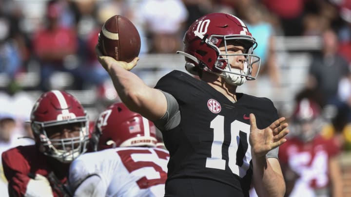 Apr 22, 2023; Tuscaloosa, AL, USA;  White team quarterback Eli Holstein (10) throws during the A-Day game  at Bryant-Denny Stadium. Mandatory Credit: Gary Cosby-USA TODAY Sports