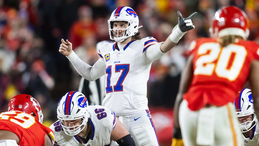 Jan 26, 2025; Buffalo Bills quarterback Josh Allen (17) reacts against the Kansas City Chiefs during the AFC Championship game.