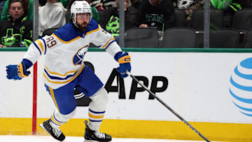 Dec 31, 2024; Dallas, Texas, USA; Buffalo Sabres right wing Alex Tuch (89) skates with the puck against the Dallas Stars during the first period at American Airlines Center. Mandatory Credit: Tim Heitman-Imagn Images