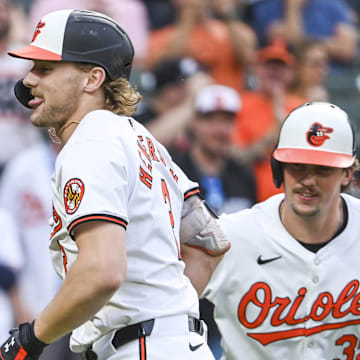 Sep 4, 2024; Baltimore, Maryland, USA;  Baltimore Orioles shortstop Gunnar Henderson (2) celebrates with designated hitter Adley Rutschman (35) after hitting a first inning home run against the Chicago White Sox at Oriole Park at Camden Yards