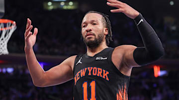 Nov 28, 2025; New York, New York, USA; New York Knicks guard Jalen Brunson (11) reacts during the second half against the Milwaukee Bucks at Madison Square Garden. Mandatory Credit: Vincent Carchietta-Imagn Images
