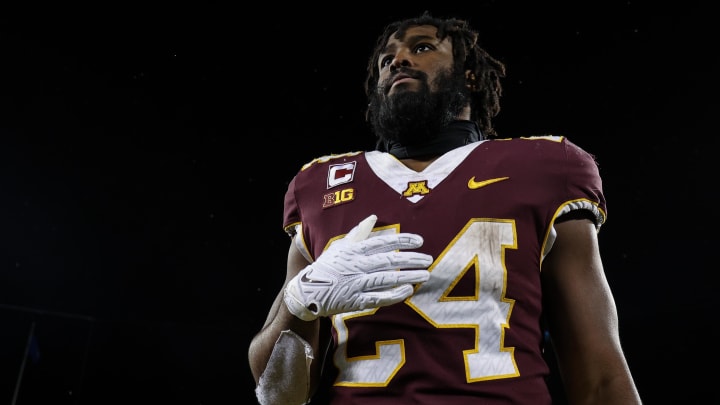 Nov 12, 2022; Minneapolis, Minnesota, USA; Minnesota Golden Gophers running back Mohamed Ibrahim (24) looks on after the win against the Northwestern Wildcats at Huntington Bank Stadium. Mandatory Credit: Matt Krohn-USA TODAY Sports