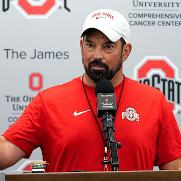 Ohio State head coach Ryan Day speaks to the media at the Woody Hayes Athletic Center on Thursday, July 31, 2025 in Columbus, Ohio.