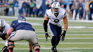 Oct 4, 2013; Logan, UT, USA; Brigham Young Cougars linebacker Kyle Van Noy (3) waits for the Utah State Aggies to snap the ball during the first quarter at Romney Stadium.  Brigham Young Cougars defeated the Utah State Aggies 31-14.  Mandatory Credit: Chris Nicoll-Imagn Images