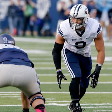 Oct 4, 2013; Logan, UT, USA; Brigham Young Cougars linebacker Kyle Van Noy (3) waits for the Utah State Aggies to snap the ball during the first quarter at Romney Stadium.  Brigham Young Cougars defeated the Utah State Aggies 31-14.  Mandatory Credit: Chris Nicoll-Imagn Images