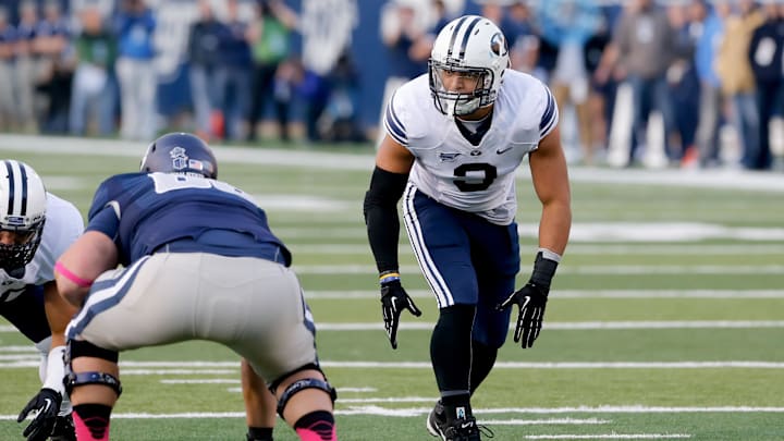 Oct 4, 2013; Logan, UT, USA; Brigham Young Cougars linebacker Kyle Van Noy (3) waits for the Utah State Aggies to snap the ball during the first quarter at Romney Stadium. Brigham Young Cougars defeated the Utah State Aggies 31-14. Mandatory Credit: Chris Nicoll-Imagn Images Oct 4, 2013; Logan, UT, USA; Brigham Young Cougars linebacker Kyle Van Noy (3) waits for the Utah State Aggies to snap the ball during the first quarter at Romney Stadium. Brigham Young Cougars defeated the Utah State Aggies 31-14. Mandatory Credit: Chris Nicoll-Imagn Images